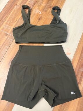 ALO Yoga Olive Tank Sports Bra and High-Waist Bike Shorts Set
